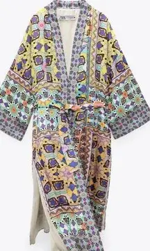 Zara Satin Effect Printed Belted Kimono Robe