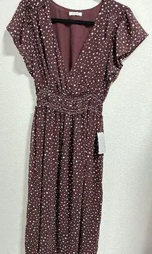 Max Studio  Burgundy V Neck Polka Dot Flowy Ruffle Sleeve Dress Romantic Fall S/M