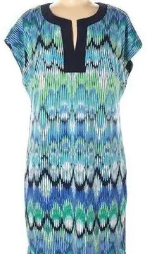 LAUNDRY Shelli Segal Abstract Print Shift Dress Short Sleeve Blue Green Medium