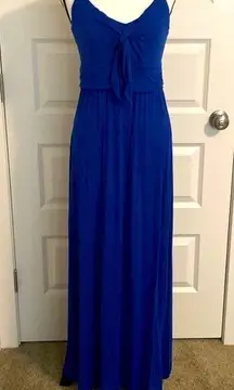 Alison Joy| Royal blue spaghetti strap maxi dress with front tie accent.