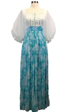 VTG 60s 70s Sylvia Ann Womens S Maxi Dress Floral Cottagecore Boho Prairie