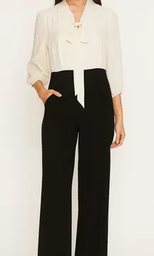 Modcloth Pretty Polished Twofer Jumpsuit Tie 3/4 Sleeve Wide Leg Black Ivory S