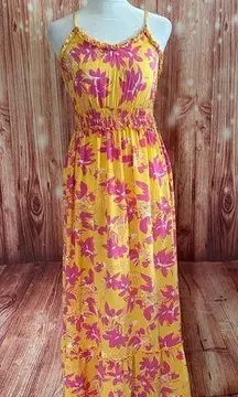 Yellow Ruffle Trim Pink Floral Print Maxi Dress