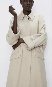 Zara Oversized Neutral Beige Wool Blend Trench Coat Duster Jacket Size Small
