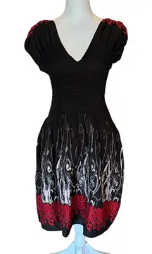 Max Edition Dress Jacquard Smocked Top Fit and Flare Black Red Womens Medium