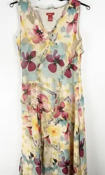 SUNDANCE 100% Silk Floral Ruffle Trim Detail V-Neck Lined Dress Size 6