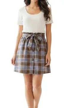 No Comment Plaid Mixed Media Dress L – Ribbed Top Belted A-Line
