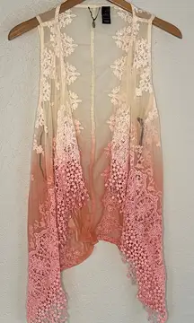 BKE Boutique Boho Lace Vest Cream Pink Ombré Sheer Cottage Layer Girly