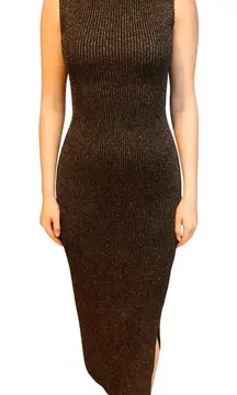 Boston Proper Ribbed Metallic Knit Turtleneck Midi Dress Black/Gold Large NWT