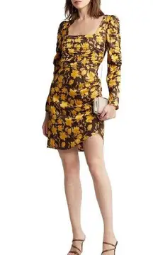 Floret Studios Brown Yellow Floral Shirred Long Sleeve Satin Mini Dress XS NWT