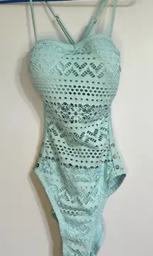 Women's One Piece Crochet Sheer Swimsuit Button Detail Adjustable Straps Size 10