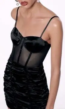 Zara COMBINATION SEMI-SHEER V-NECK MINI GATHERED DETAIL DRESS W/CORSET BLACK NEW