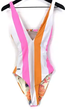 MAAJI Reversible One Piece Swimsuit Floral Striped Pink Orange White M
