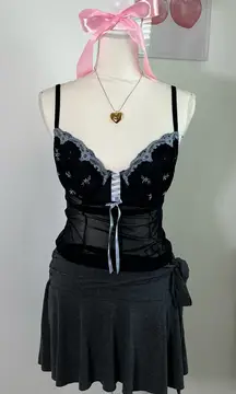 Vintage Y2K Delicates Black Blue Lace Floral Mesh Corset‎ Bustier Top Womens Med