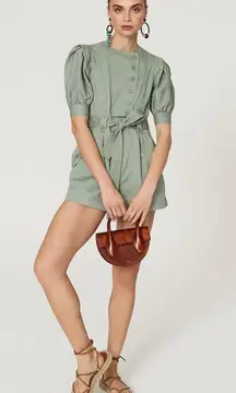 ULLA JOHNSON Sage Green 100% Cotton Short Sleeve Puffed Tied Carmine Romper sz 2