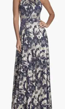 Betsy & Adam. Layla Halter Top Foil Print Gown.