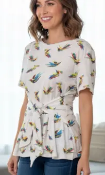 ANTHROPOLOGIE Meadow Rue Multi-Color Bird Tie Front Peplum T-Shirt Tee Top XL