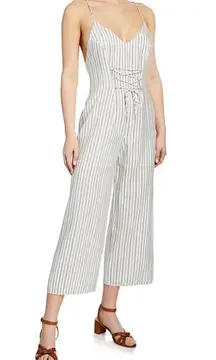 New  Lace Up Backless Jumpsuit Strappy V-Neck Wide Leg White Stripe