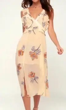 the Label Milanin Peach Floral Backless Ruffle Midi Dress