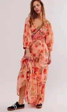 NWOT Free People Golden Hour Pink Floral Multicolor Long Sleeve Boho Maxi Dress