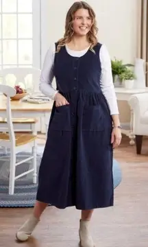 $80 The Vermont Country Store M 10/12 Navy Blue Corduroy Maxi Jumper Dress Long