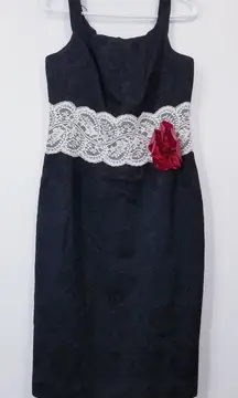 Sara Campbell Black Shimmer Jacquard Sheath Dress w/ White Lace Waistband