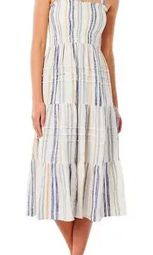 Rip Curl Women’s Midi Dress Small White Blue Stripe Sleeveless Tiered Smocked
