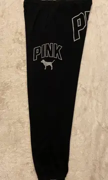 PINK - Victoria's Secret VICTORIA’S SECRET VS PINK CAMPUS SWEATPANTS BLACK DOG PUP LOGO HTF RARE MEDIUM