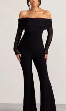 Whisper Black Ruched Mesh Bardot Jumpsuit