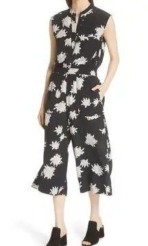 VINCE Chrysanthemum Black & White Print Floral 100% Silk Jumpsuit Size Large