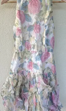 Vintage Gillian Silk Floral Ruffle Mini Dress Size 2 Pastel Fairy Garden Party