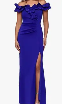 Stretch Ruffle Off-the-Shoulder Ruched Back Gown