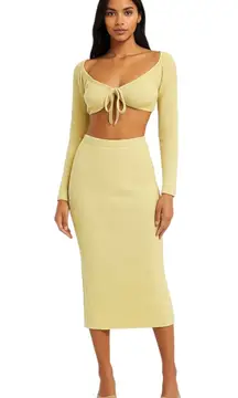 Sabo Yellow Waffle Knit Long Sleeve Crop Top Pencil Midi Skirt 2 Pc Set Size 6