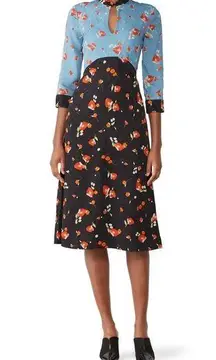 Vilshenko Michaela Jacquard Floral Black Blue Keyhole Midi Dress Size 6