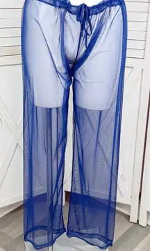 InGear Sheer Mesh Wide Leg Palazzo Drawstring Swim Coverup Pants Blue Large