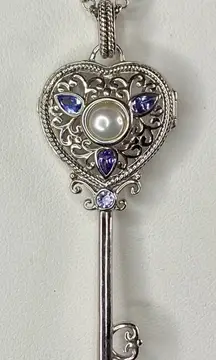Heart Skeleton Key Locket Necklace Pendant Pearl & Tanzanite Sterling Silver New