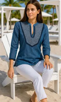 Tory Burch Womens Shirt Size XS 2 Blue Embroidery Was Designer Denim Minimalist