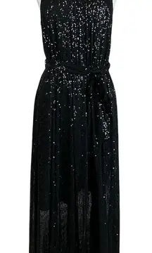 DKNY Sequined Halter Maxi Dress Size 8 Black Sequined Sleeveless Long Formal