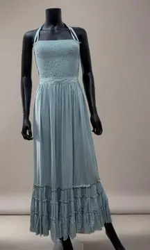 R.Vivimos NWOT Boho Maxi Dress Smocked Halter Backless Tiered Blue Size S