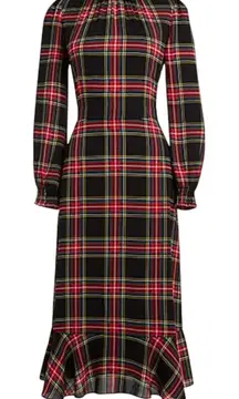 J. Crew Factory Plaid Ruffle Neck Long Sleeve Midi Dress Women Size 14 Black Red