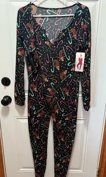 Shosho Christmas Sloth Black Jumpsuit Onsie with Candy Cane Medium