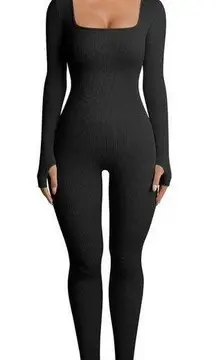 Black Ribbed Long Sleeve Sport Jumpsuit