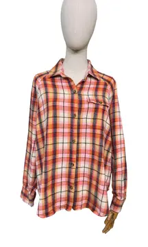 Billabong Cotton Plaid Flannel Shirt in Warm Pink Orange Size Small Y2K Surf