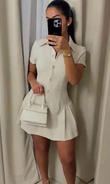 Zara mini dress pleated skirt collar button up ivory casual classic old money