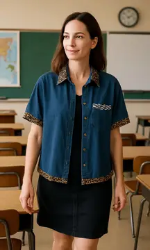 Vintage Blue Denim Shirt with Leopard and zebra Trim • Jean shirt • Jean jacket