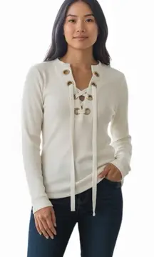 Derek Lam 10 Crosby Intermix sweater ribbed Lace-Up Ivory Cream pullover Size M