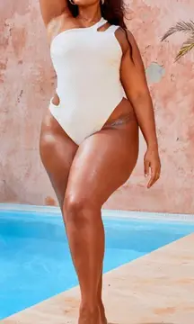 Plus Nude One Shoulder Waffle Cut Out Swimsuit