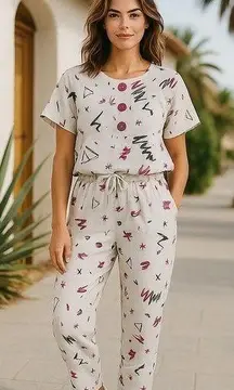 Vintage Contempo California Abstract Print Cotton Button Top Pants Set 11/12 USA