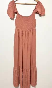 Carly Jean Smocked Maxi Dress Size Small Tiered Coral Ruffle Beach Summer