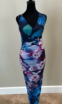Blue & Purple Butterfly print maxi dress with side zipper